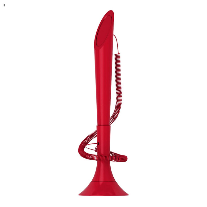 A red memo holder with a long, curved design and a coiled attachment. It features a circular base and a sleek finish.