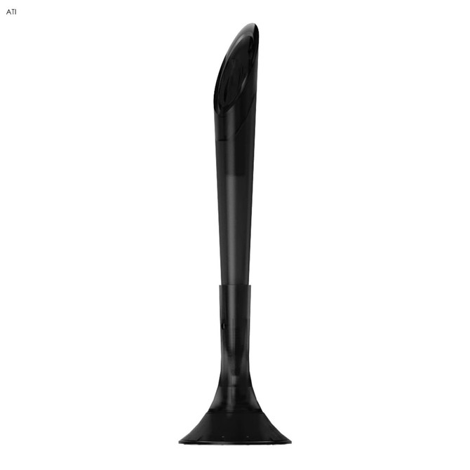 A plastic pen in a sleek, modern design, featuring a black colour and a rounded base. It has a logo on the side.