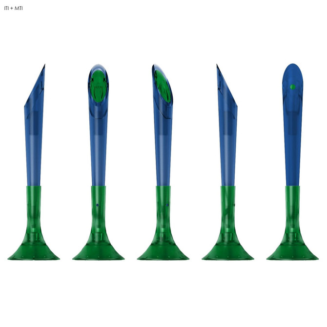 A collection of plastic pens in blue and green, featuring a sleek design and a logo on each pen.