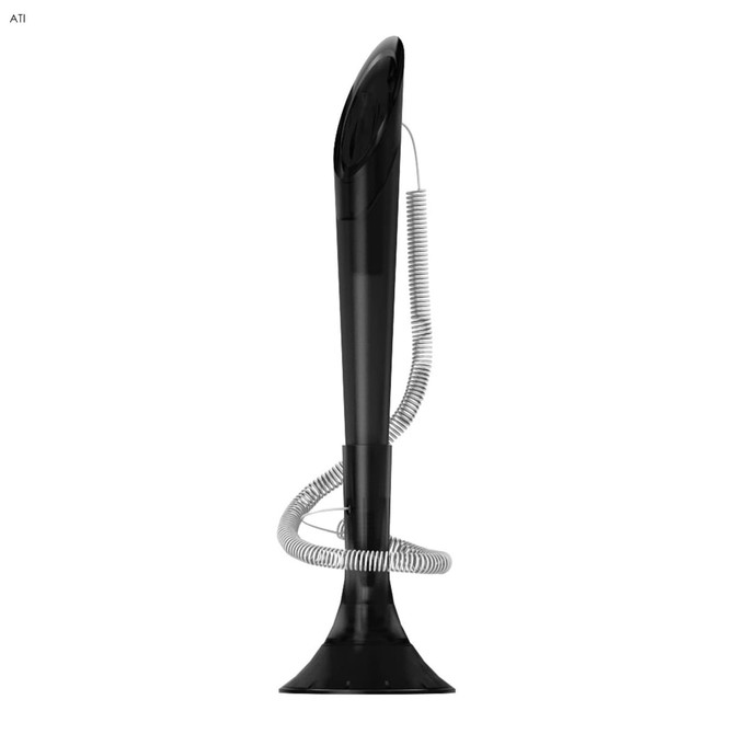 A black promotional writing pen with a long neck and a coiled cord at the base. It features a logo on the surface.