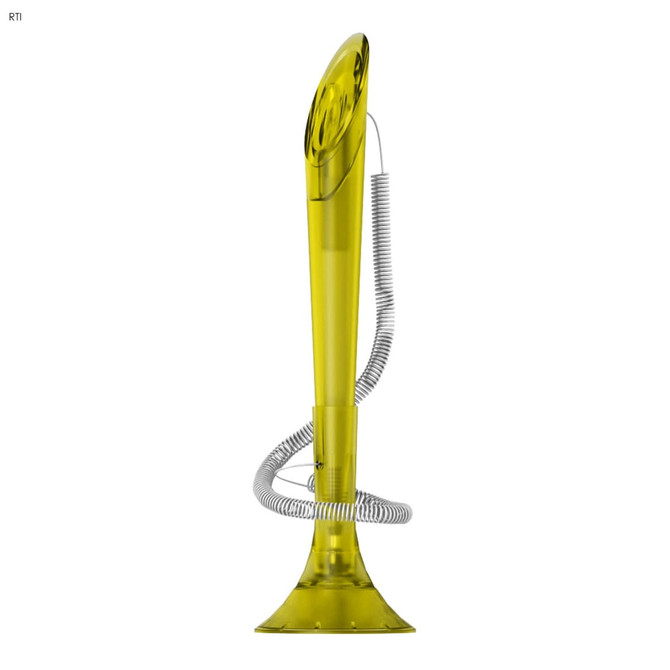 A yellow, translucent pen with a curved top and a coiled silver spring attached to its base. It features a logo.