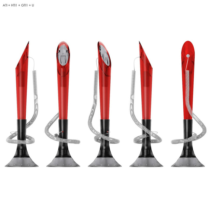 A collection of five sleek, red plastic pens with spiral clips and black bases, each featuring a branding logo.