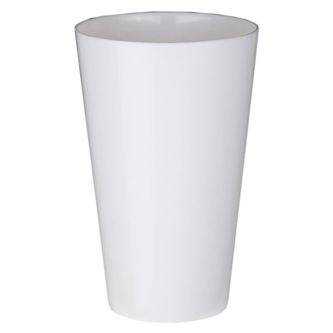 A white plastic drink mug with a tapered design and a glossy finish, featuring a logo.