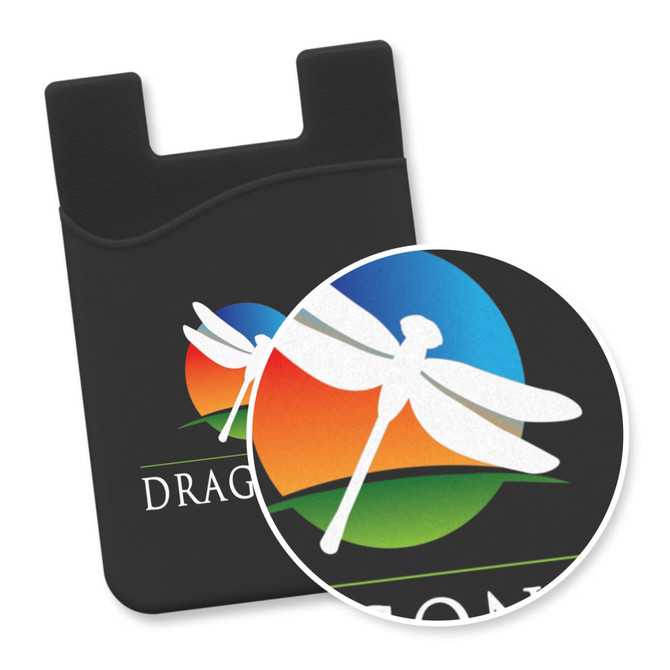 A black silicone phone wallet featuring a logo and a colourful dragonfly design on a circular background.