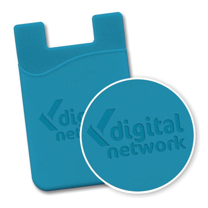 A teal silicone phone wallet featuring an embossed logo, designed to adhere to the back of a mobile device.