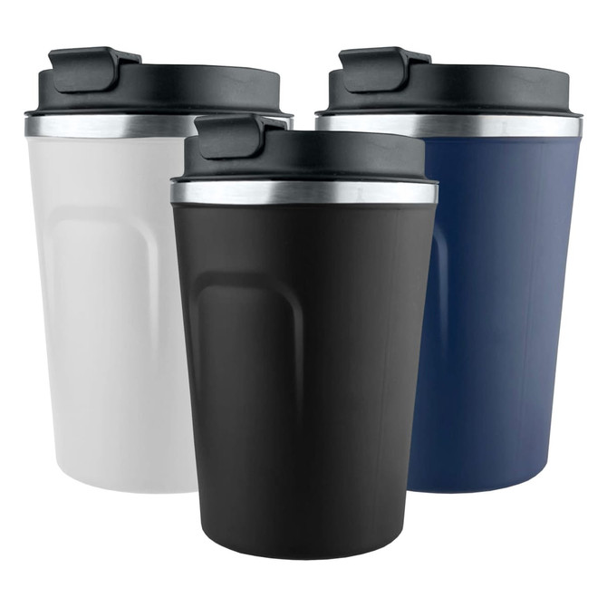 A drink bottle set featuring three reusable coffee mugs in white, black, and navy blue, each with a secure lid and silver detailing.