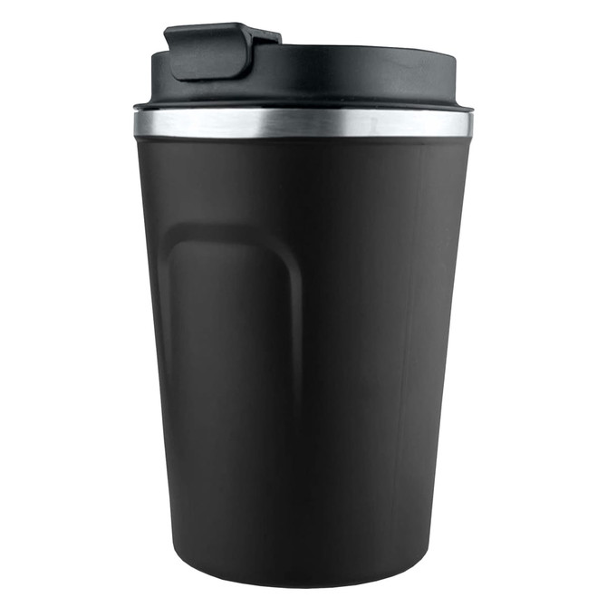 A reusable coffee cup in matte black with a silver rim and a black lid, featuring a logo.