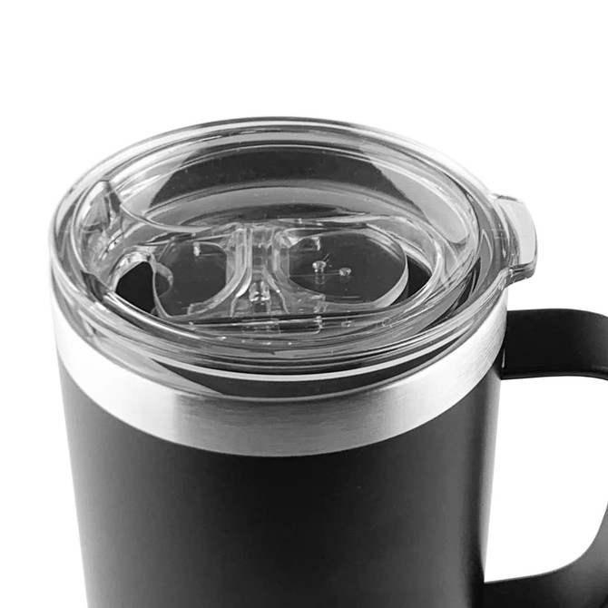 A black travel mug with a clear lid and a silver band at the top, featuring a handle and a logo.