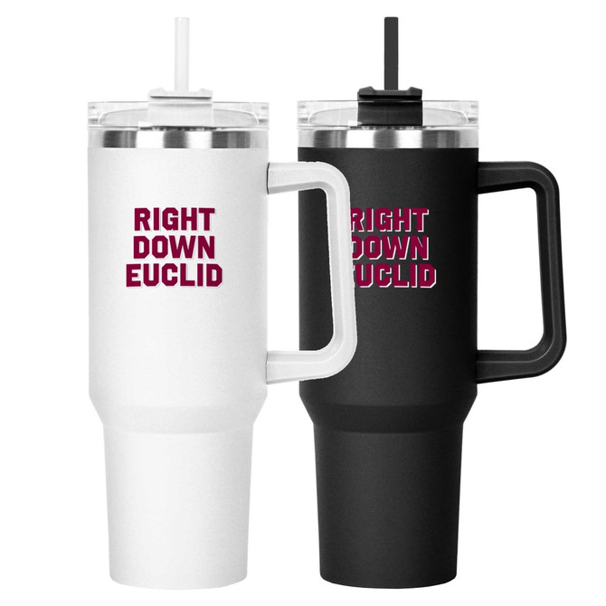 A travel mug set with two designs: a white mug with a clear lid and a black mug with a handle. Both have logos.