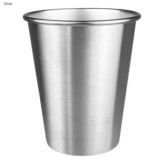 A drink bottle in silver with a metallic finish, featuring a rimmed top and a branding logo.