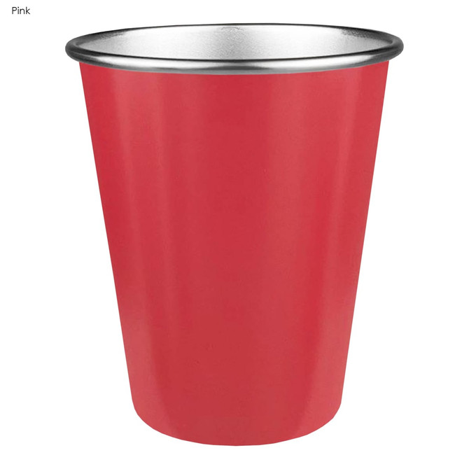A drink bottle in pink with a metallic silver rim, featuring a logo.