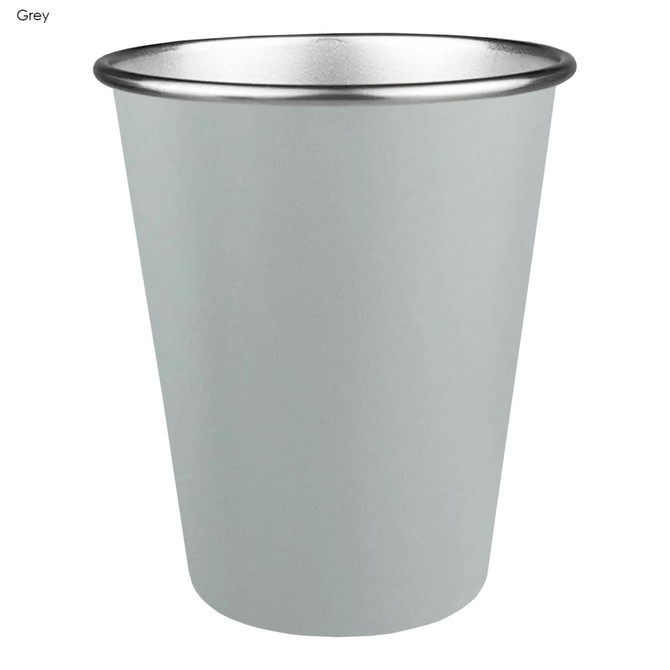 A drink bottle in a grey metallic finish with a silver rim, featuring a logo.
