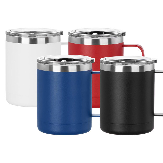 A drink bottle featuring a sleek design in white, blue, red, and black, with a silver lid and handle.