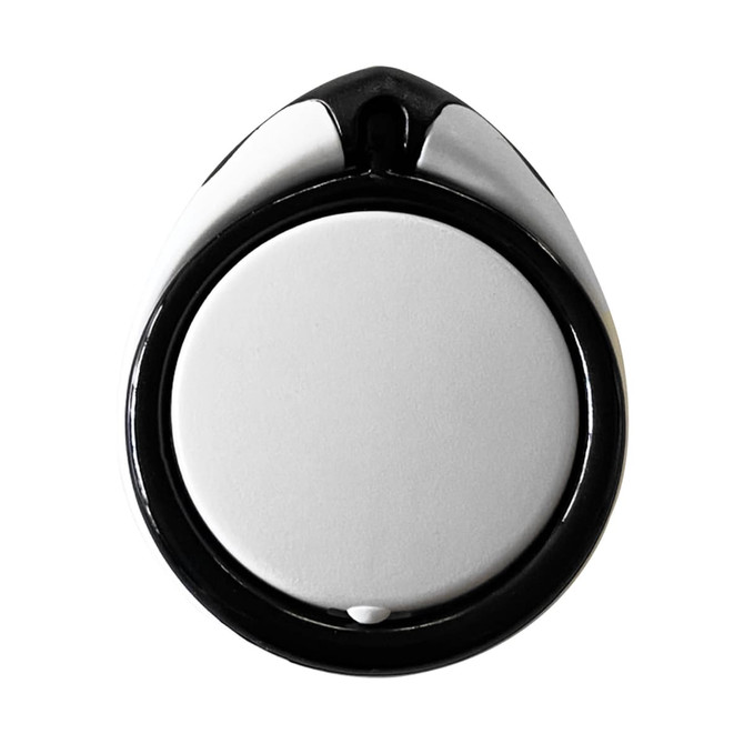 A phone stand in black and white, featuring a smooth, rounded design with a glossy finish and a small logo.