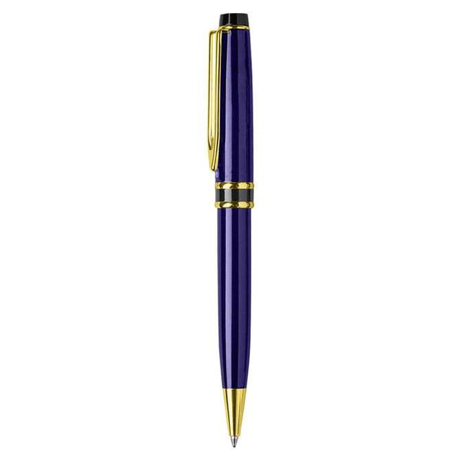 A metal pen in a rich purple colour with gold accents and a clip. It features a branding logo.