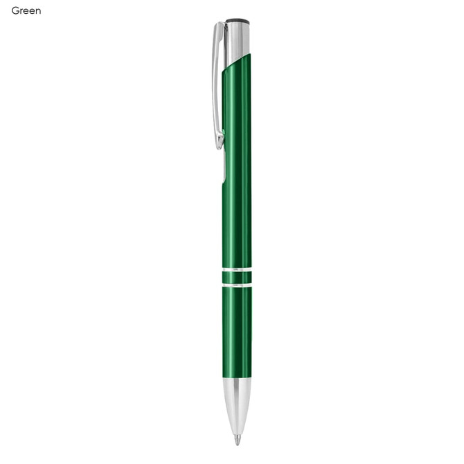 A green metal pen featuring a sleek design with silver accents and a clip, showcasing a logo.