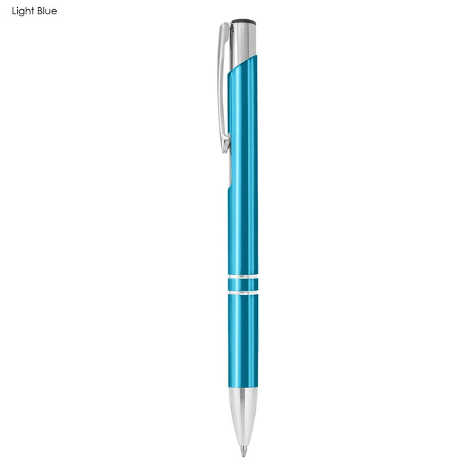 A light blue metal pen with a silver clip and trim details, featuring a branding logo.
