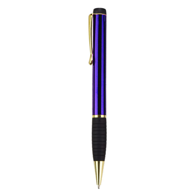 A metal pen with a purple barrel and gold accents, featuring a black rubber grip and a clip.