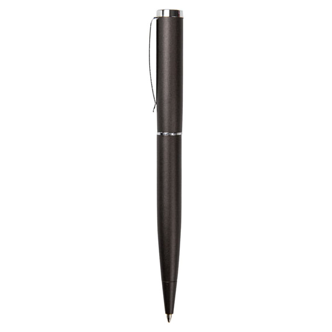 A metal pen in a sleek dark finish with a clip and a subtle silver accent. Includes a logo branding.