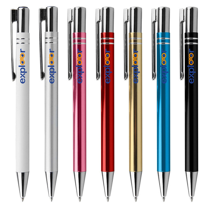 A collection of metal pens in white, pink, red, gold, blue, and black, featuring a branding logo.