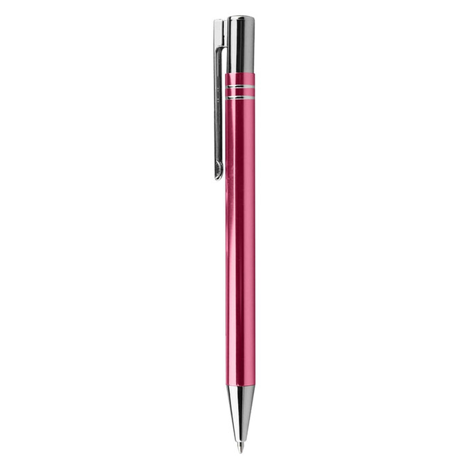 A metal pen in a vibrant pink colour with chrome accents and a clip. Includes brand logo.
