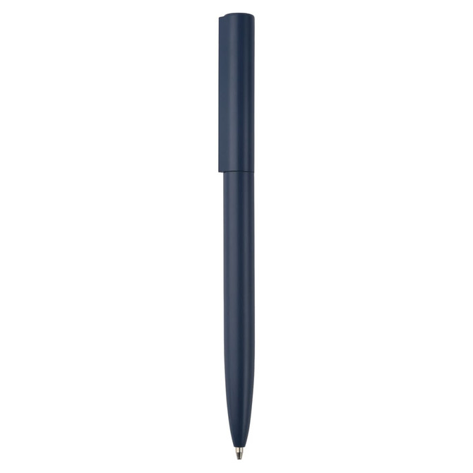 A metal pen in navy blue with a sleek design and a capped top, featuring a logo on its body.