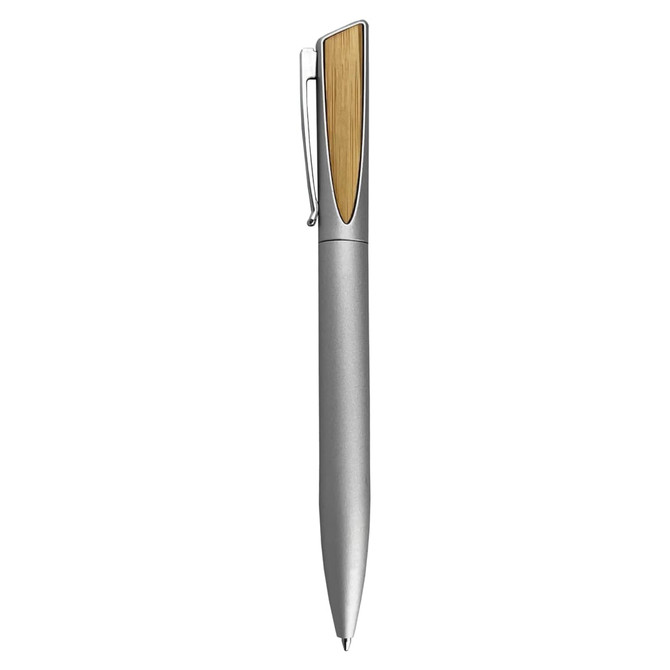 A silver metal pen with a wooden accent and a clip. It features a sleek, modern design.