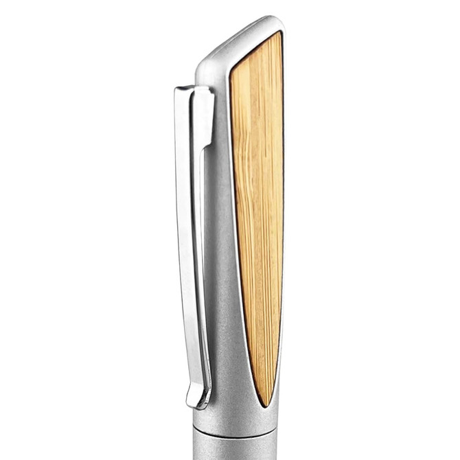 A metal pen featuring a sleek silver body with a bamboo accent and a clip for easy attachment.