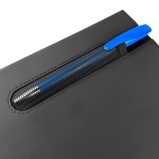 A black notebook featuring a mesh pen holder with a blue pen. The design is sleek and modern.