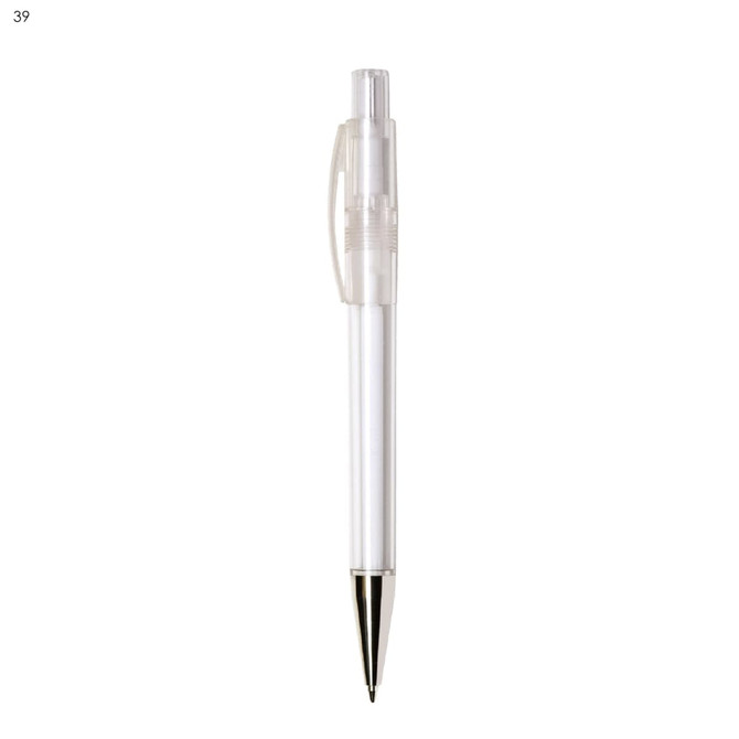 A clear plastic pen with a retractable nib and a silver metallic tip, featuring a simplistic design and branding.