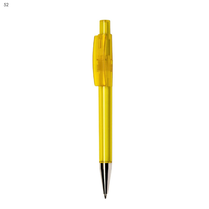 A plastic pen in bright yellow with a retractable tip and a clip. The pen has a branding logo on it.