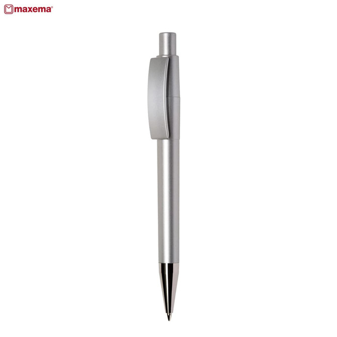 A plastic pen featuring a sleek silver design. The pen has a clip and a shiny tip, with branding visible.