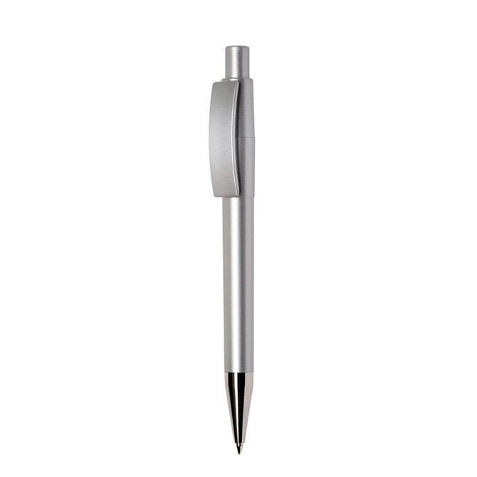 A silver plastic pen with a smooth finish and a retractable click mechanism. It features a logo on the barrel.
