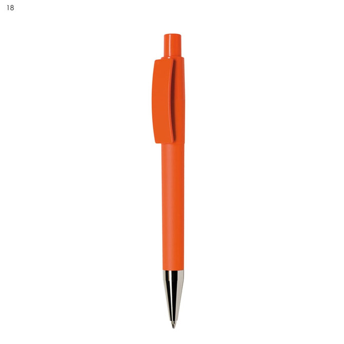 An orange plastic pen with a shiny silver nib and a clip on the side. It features a branding logo.