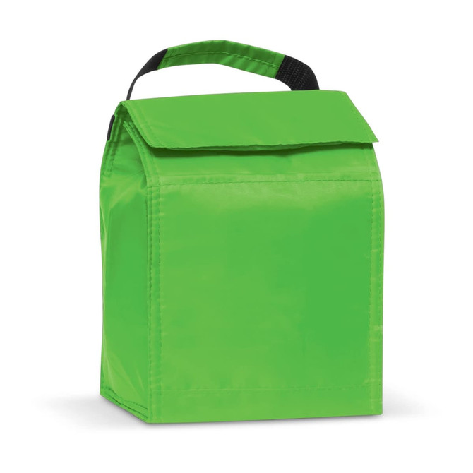 A bright green lunch cooler bag with a fold-over top and a handle.