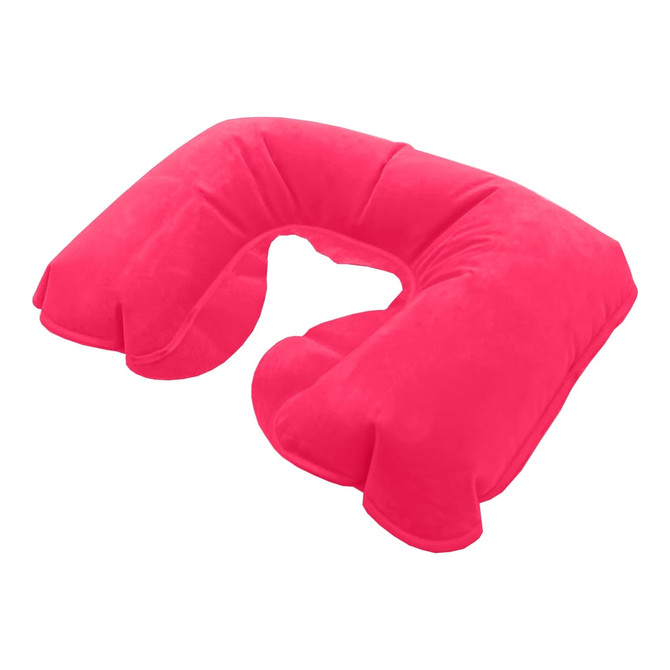 A pink travel neck pillow with a unique U-shape design and soft surface, featuring a simple logo.