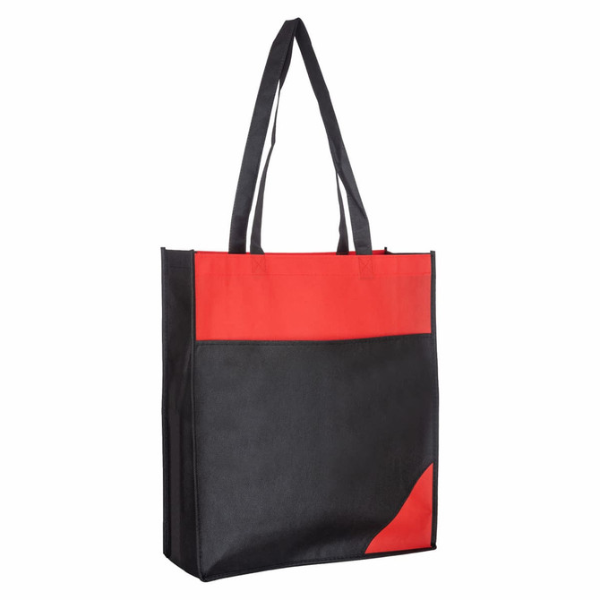 A reusable grocery bag in black with a red accent, featuring two sturdy handles and a logo.