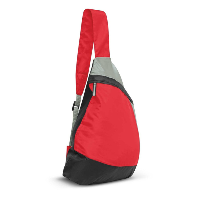 A red and gray sling bag with a single strap and a black base, featuring a zippered pocket on the front.