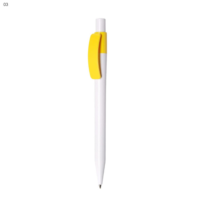A white plastic pen with a yellow clip. The pen features a simple design and has a branding logo.