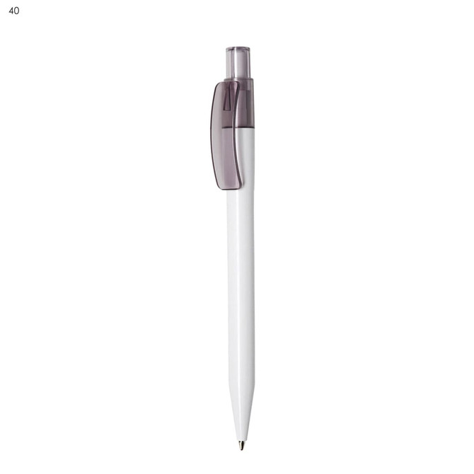 A white plastic pen with a transparent grey clip and a pen nib. The pen features a logo on its body.