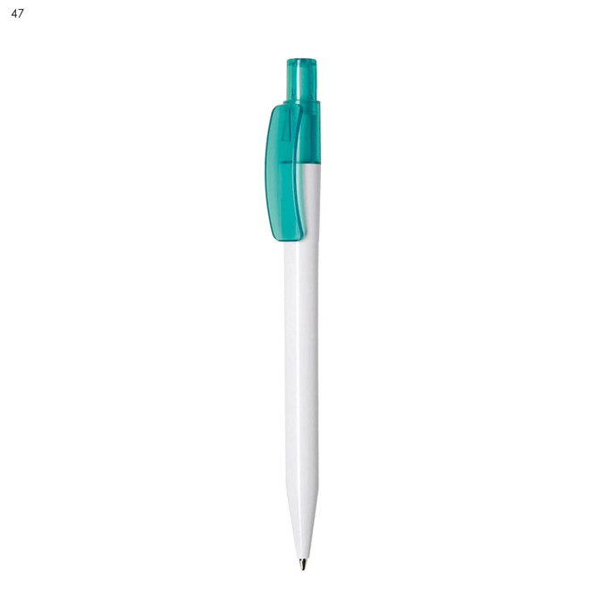 A white pen with a turquoise clip and a branding logo on it.