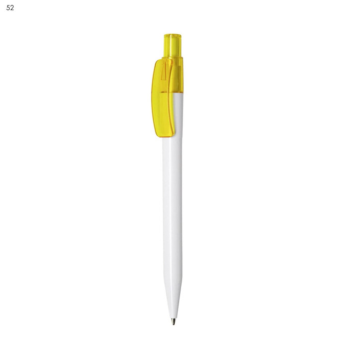 A plastic pen with a white barrel and bright yellow cap. It features a logo on the barrel.