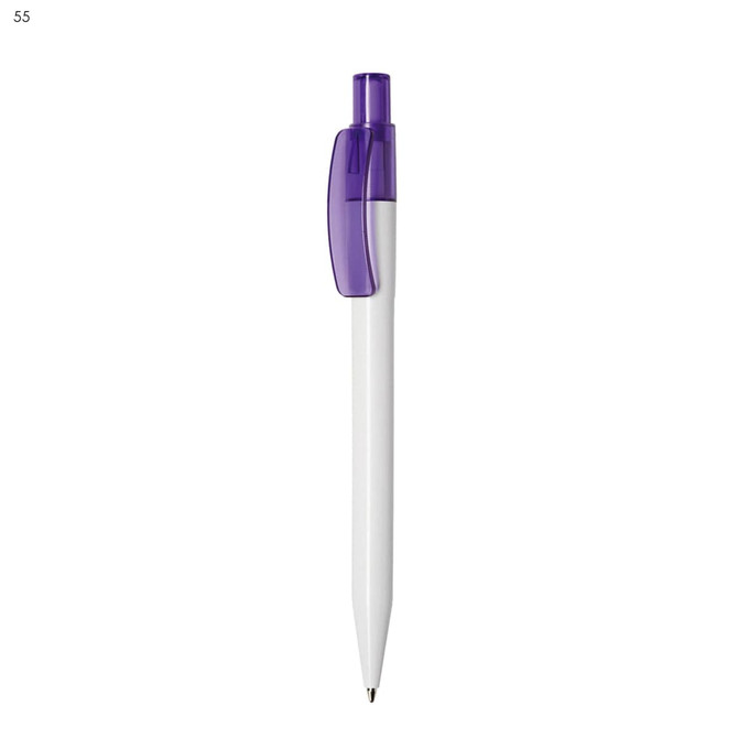 A white plastic pen with a purple clip and cap, featuring a logo on the barrel.