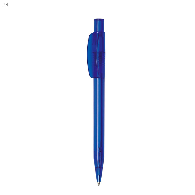 A plastic pen in a vibrant blue colour, featuring a clear barrel and a clip for securing. Includes a branding logo.