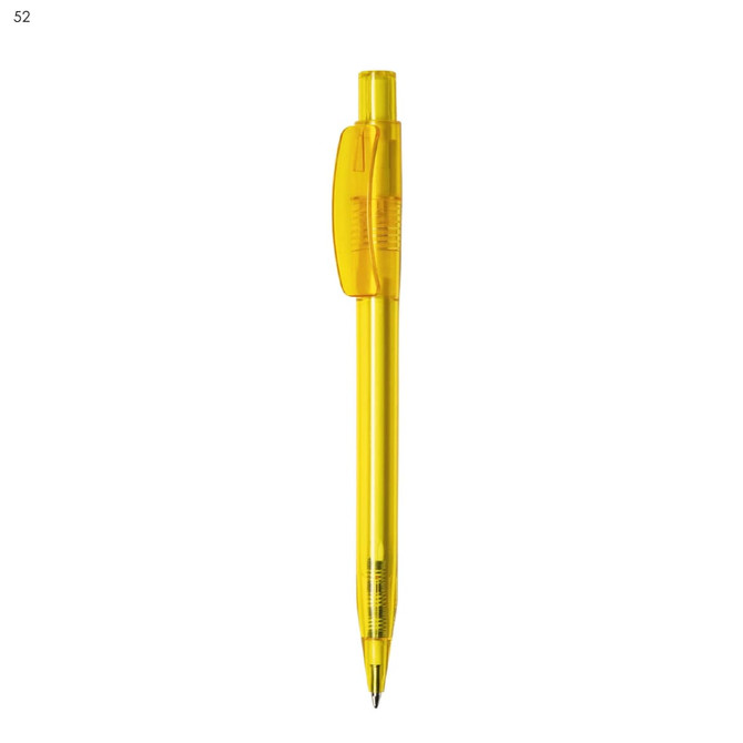 A yellow plastic pen featuring a clear body and a clip, with a logo on the barrel.