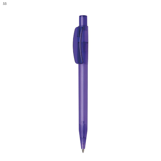 A plastic pen in translucent purple with a clip and push mechanism. The pen features a branding logo.