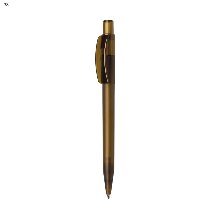 A brown plastic pen with a transparent body and a clip. It features a logo near the top.