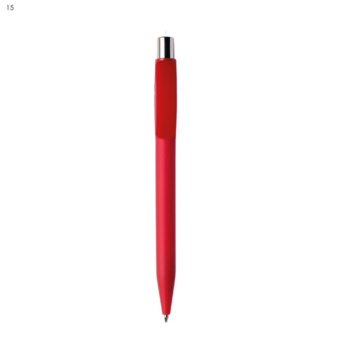 A red plastic pen with a shiny silver tip and a logo on the barrel.