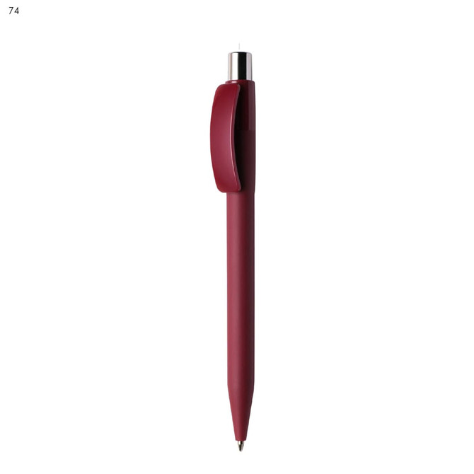 A red plastic pen with a silver clip and tip, featuring a branded logo.
