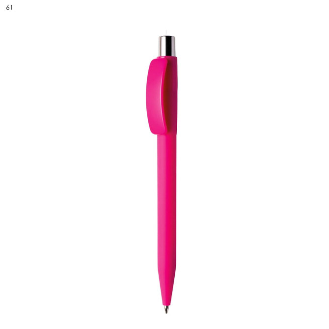 A pink plastic pen with a silver clip and a sleek design, featuring a logo on the body.